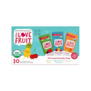 YOU LOVE FRUIT - Fruit Snacks Variety Pack 30 count, 100% Natural Gluten-Free, Vegan, Low Carb, Low Fat Fruit Kosher Snacks for Kids, College Students, Teachers and Offices, Healthy Fruit Snacks (passion fruit, super berry, mango)