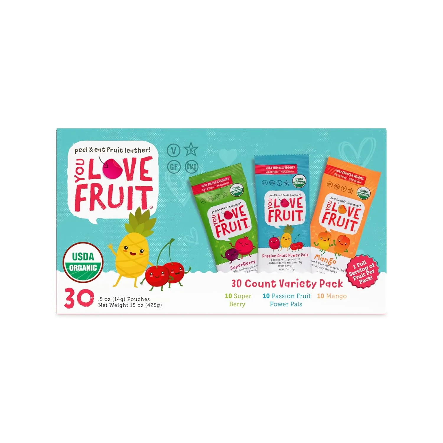 YOU LOVE FRUIT - Fruit Snacks Variety Pack 30 count, 100% Natural Gluten-Free, Vegan, Low Carb, Low Fat Fruit Kosher Snacks for Kids, College Students, Teachers and Offices, Healthy Fruit Snacks (passion fruit, super berry, mango)