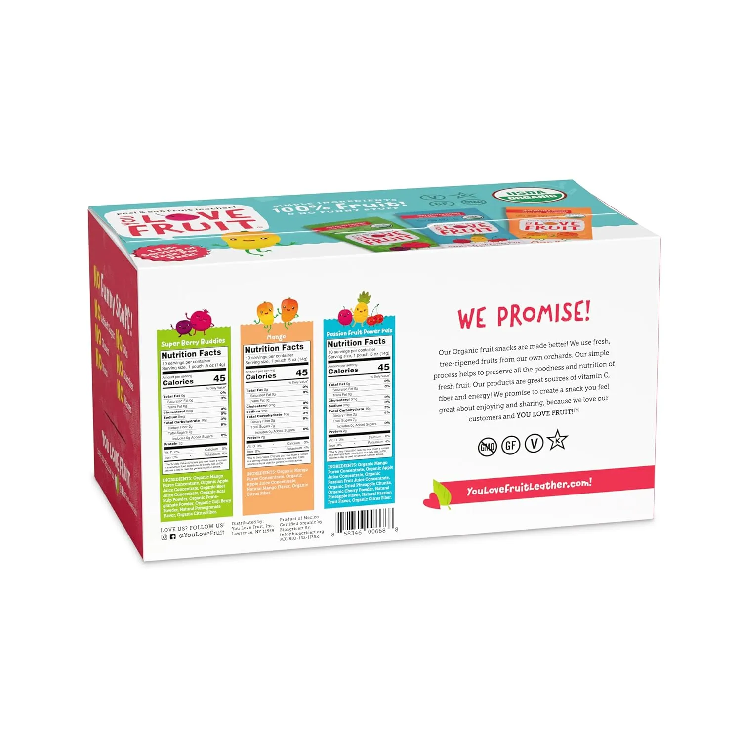 YOU LOVE FRUIT - Fruit Snacks Variety Pack 30 count, 100% Natural Gluten-Free, Vegan, Low Carb, Low Fat Fruit Kosher Snacks for Kids, College Students, Teachers and Offices, Healthy Fruit Snacks (passion fruit, super berry, mango)