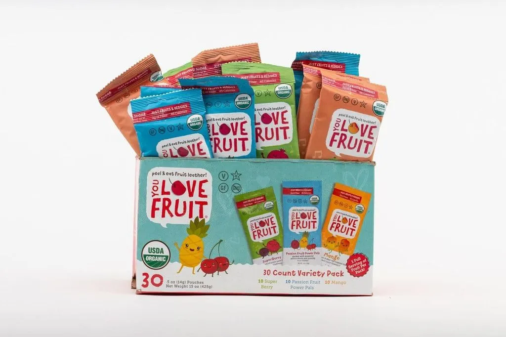 YOU LOVE FRUIT - Fruit Snacks Variety Pack 30 count, 100% Natural Gluten-Free, Vegan, Low Carb, Low Fat Fruit Kosher Snacks for Kids, College Students, Teachers and Offices, Healthy Fruit Snacks (passion fruit, super berry, mango)