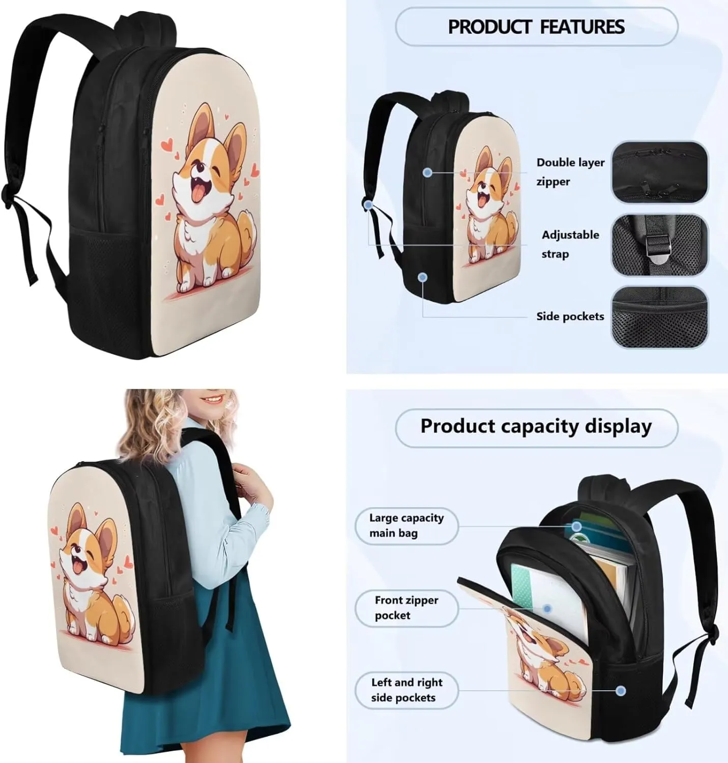 Ystardream Elementary School Backpack for Girls Cartoon Corgi Backpack Set for Girls 4 Piece School Bags for Kids Student Back To School Book Bag with Pencil Case Bookmark for Boys Girls