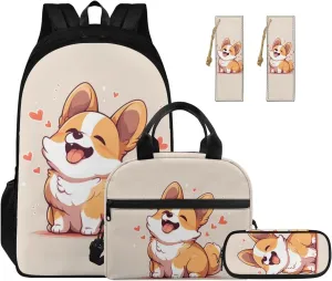 Ystardream Elementary School Backpack for Girls Cartoon Corgi Backpack Set for Girls 4 Piece School Bags for Kids Student Back To School Book Bag with Pencil Case Bookmark for Boys Girls