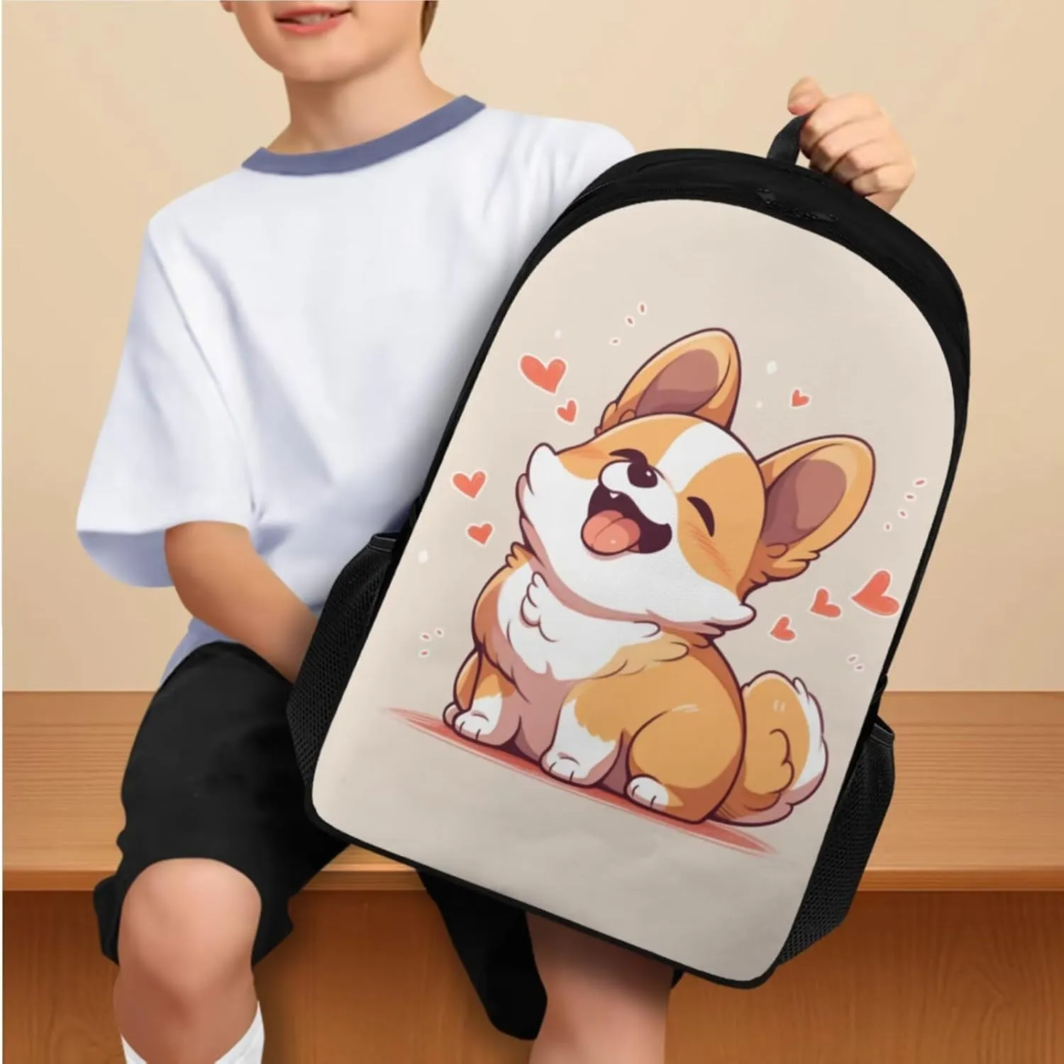 Ystardream Elementary School Backpack for Girls Cartoon Corgi Backpack Set for Girls 4 Piece School Bags for Kids Student Back To School Book Bag with Pencil Case Bookmark for Boys Girls