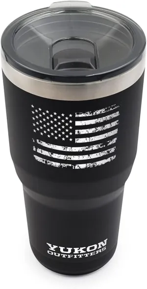 Yukon Outfitters Freedom High Grade 18/8 Stainless Steel Double Wall Vacuum Insulated Tumbler (30oz / 890ml) - 7.85" H x 3.9" Top Dia. / 2.9" Bottom dia., Black with 'Distressed USA Flag' engraving