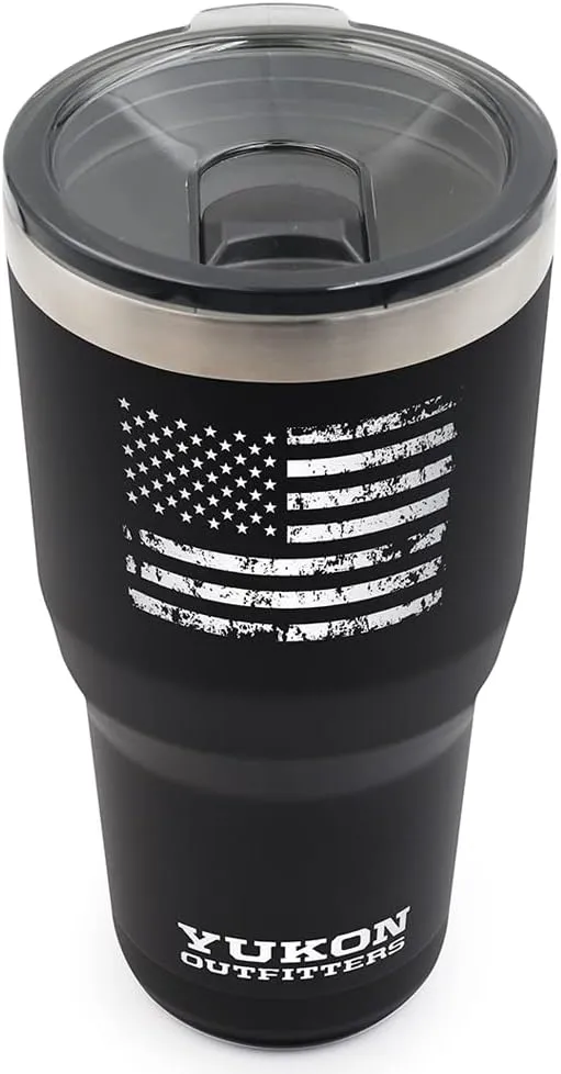 Yukon Outfitters Freedom High Grade 18/8 Stainless Steel Double Wall Vacuum Insulated Tumbler (30oz / 890ml) - 7.85" H x 3.9" Top Dia. / 2.9" Bottom dia., Black with 'Distressed USA Flag' engraving