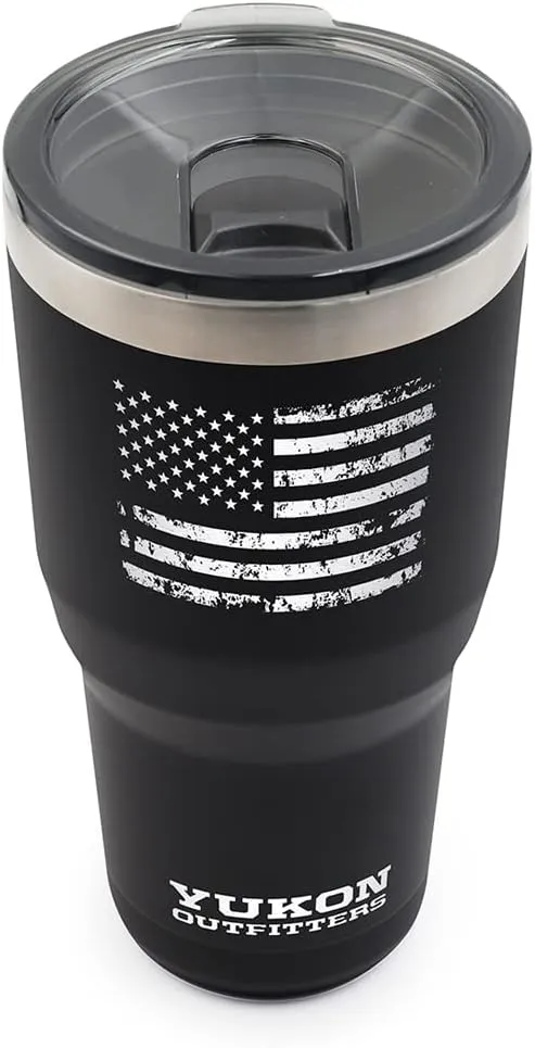 Yukon Outfitters Freedom High Grade 18/8 Stainless Steel Double Wall Vacuum Insulated Tumbler (30oz / 890ml) - 7.85" H x 3.9" Top Dia. / 2.9" Bottom dia., Black with 'Distressed USA Flag' engraving