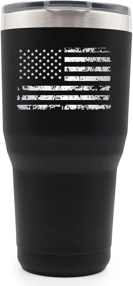 Yukon Outfitters Freedom High Grade 18/8 Stainless Steel Double Wall Vacuum Insulated Tumbler (30oz / 890ml) - 7.85" H x 3.9" Top Dia. / 2.9" Bottom dia., Black with 'Distressed USA Flag' engraving