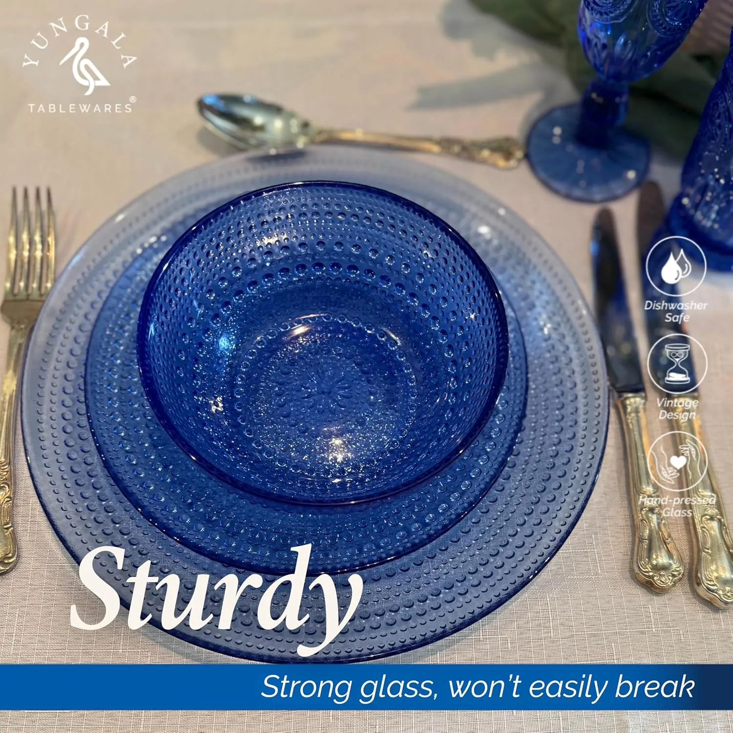 Yungala Cobalt Blue Vintage Hobnail Glass Plates – Set of 4 Authentic Pressed Glass Dinner Plates, Durable and Elegant Design that is dishwasher safe.