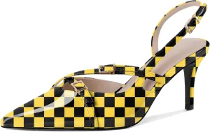 Zamikoo Slingback Heels for Women Buckle Strap Pointed Toe Slip On Stiletto High Heel Pumps Shoes Patent Leather 3 Inches