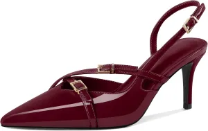 Zamikoo Slingback Heels for Women Buckle Strap Pointed Toe Slip On Stiletto High Heel Pumps Shoes Patent Leather 3 Inches