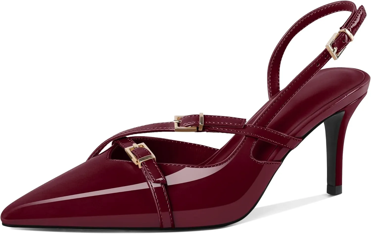 Zamikoo Slingback Heels for Women Buckle Strap Pointed Toe Slip On Stiletto High Heel Pumps Shoes Patent Leather 3 Inches