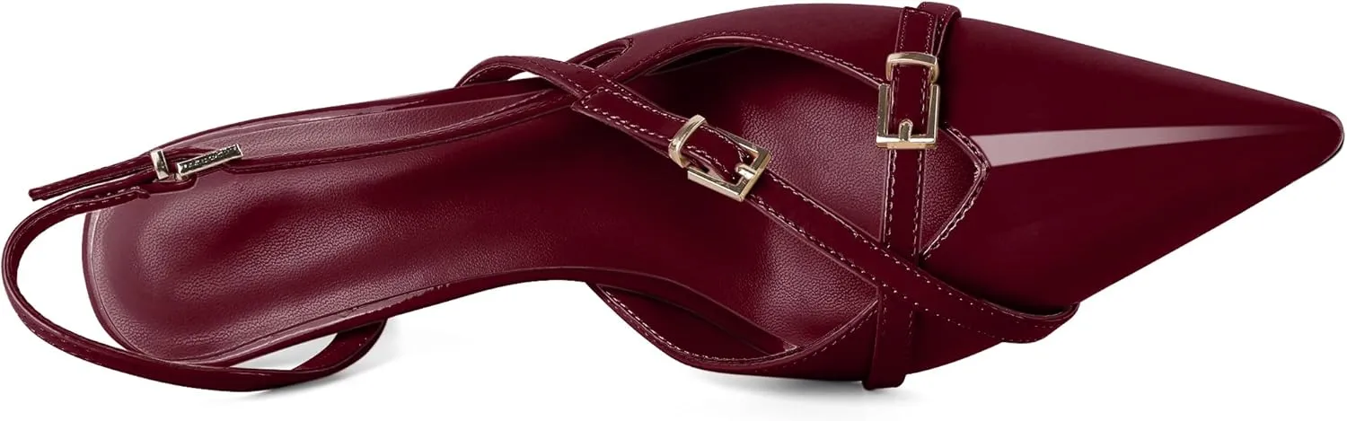 Zamikoo Slingback Heels for Women Buckle Strap Pointed Toe Slip On Stiletto High Heel Pumps Shoes Patent Leather 3 Inches