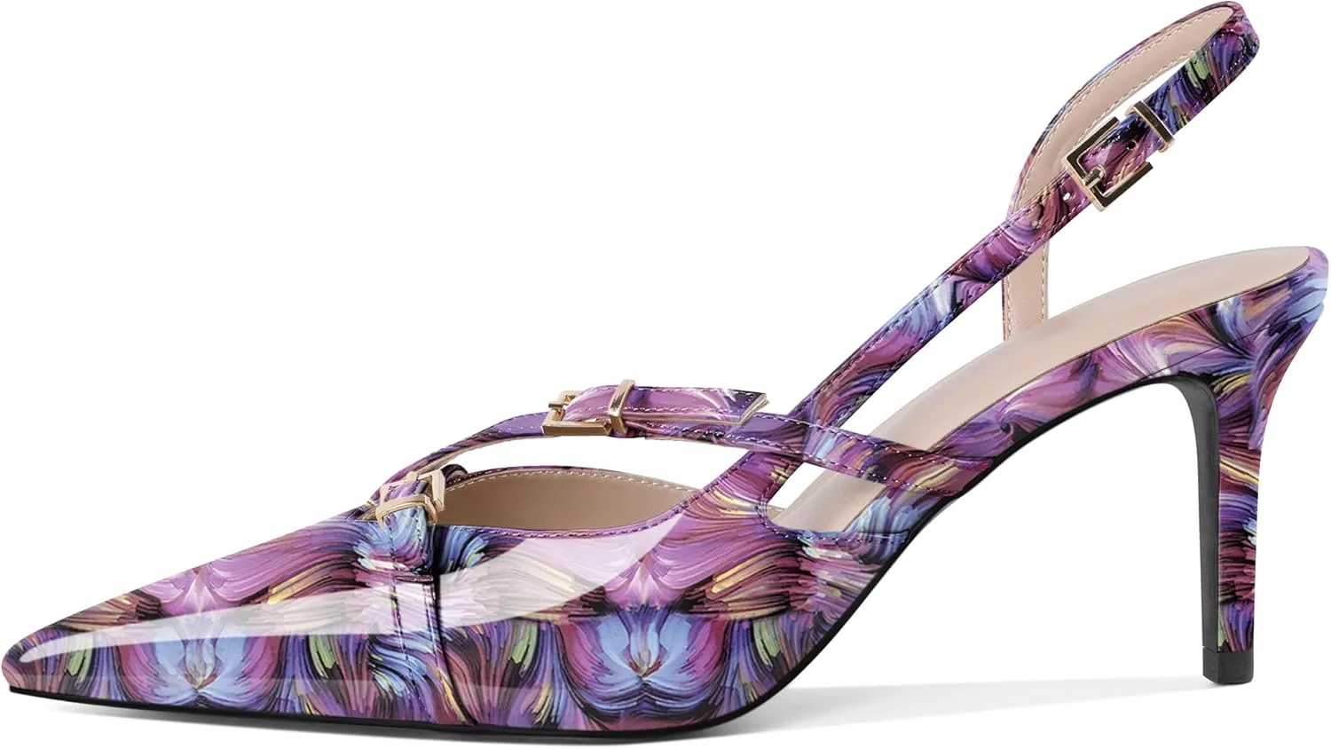 Zamikoo Slingback Heels for Women Buckle Strap Pointed Toe Slip On Stiletto High Heel Pumps Shoes Patent Leather 3 Inches