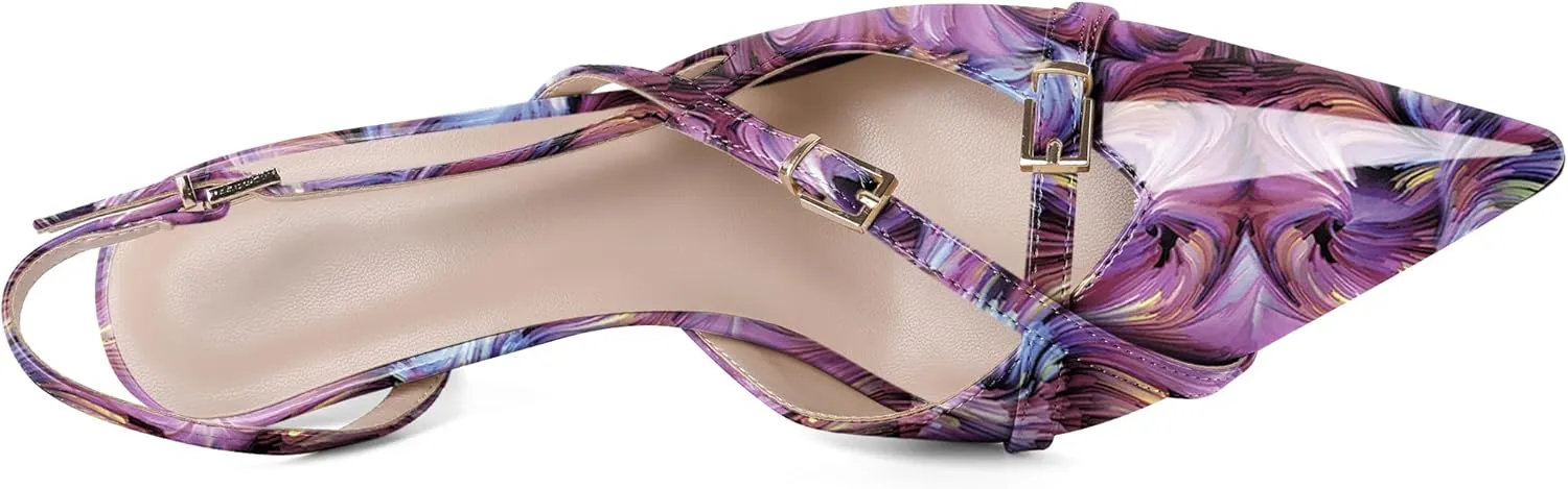 Zamikoo Slingback Heels for Women Buckle Strap Pointed Toe Slip On Stiletto High Heel Pumps Shoes Patent Leather 3 Inches