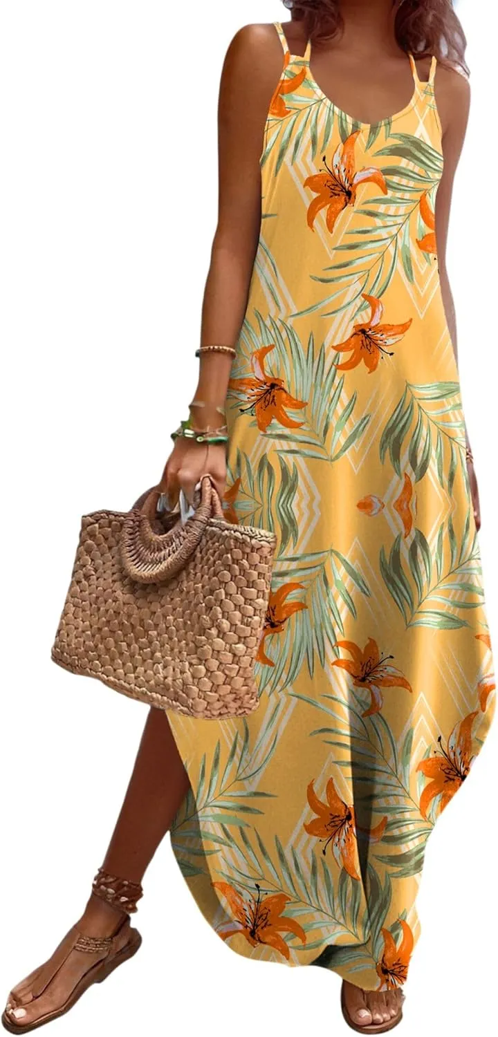 Zeagoo Women's Casual Sundress Summer Maxi Sleeveless V Neck Split Boho Beach Dress Travel Vacation Dress with Pockets