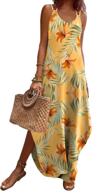 Zeagoo Women's Casual Sundress Summer Maxi Sleeveless V Neck Split Boho Beach Dress Travel Vacation Dress with Pockets