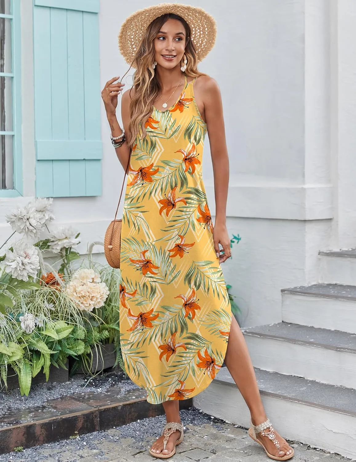 Zeagoo Women's Casual Sundress Summer Maxi Sleeveless V Neck Split Boho Beach Dress Travel Vacation Dress with Pockets