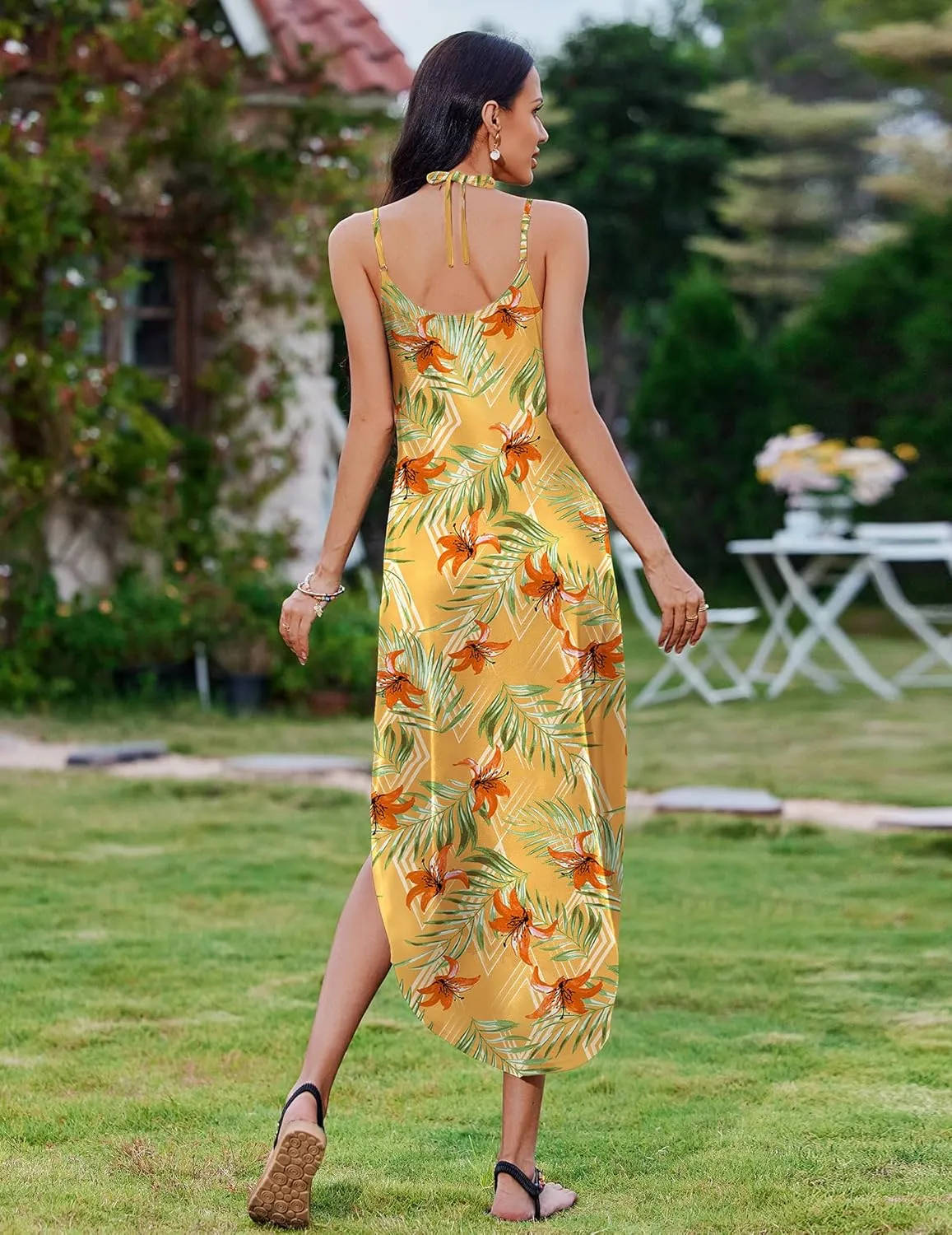 Zeagoo Women's Casual Sundress Summer Maxi Sleeveless V Neck Split Boho Beach Dress Travel Vacation Dress with Pockets