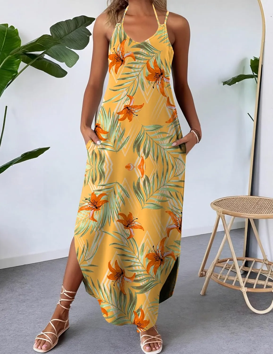 Zeagoo Women's Casual Sundress Summer Maxi Sleeveless V Neck Split Boho Beach Dress Travel Vacation Dress with Pockets