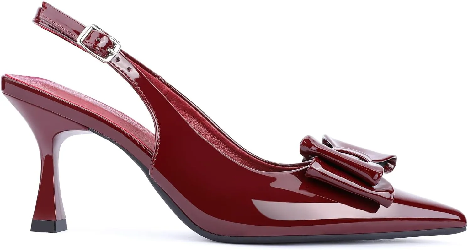 Zelaprox Women's Closed Pointed Toe Slingback Pumps Wine Patent Leather Bow Knot Heel Pump for Dating Party Work Bridal Wedding Guest Dress Prom