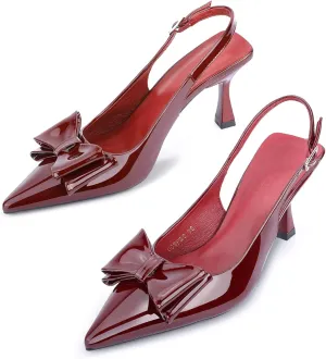 Zelaprox Women's Closed Pointed Toe Slingback Pumps Wine Patent Leather Bow Knot Heel Pump for Dating Party Work Bridal Wedding Guest Dress Prom