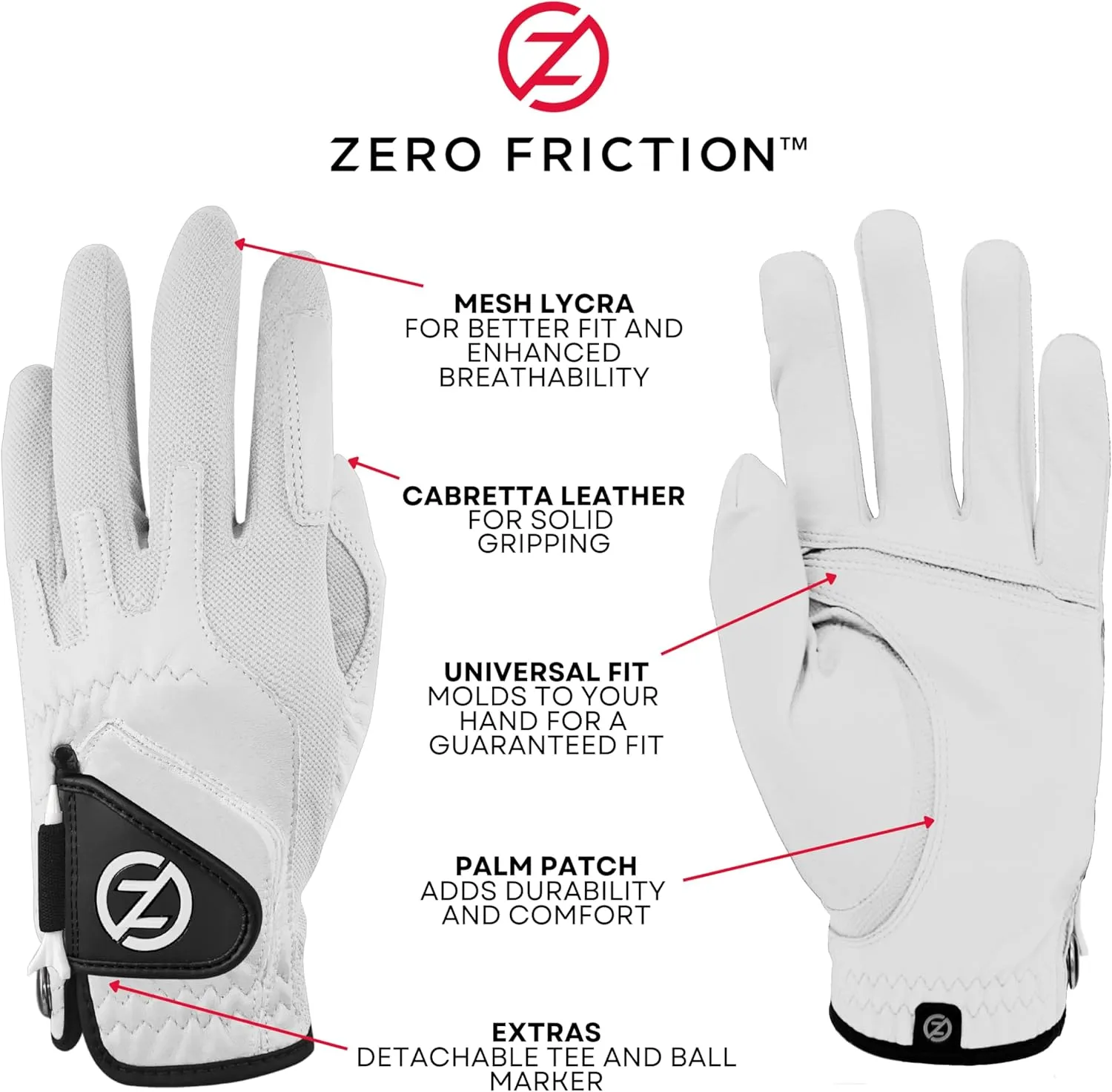 Zero Friction Men's Cabretta Elite Golf Gloves, Universal Fit One Size (Pack of 2) with Pack of Golf Tees
