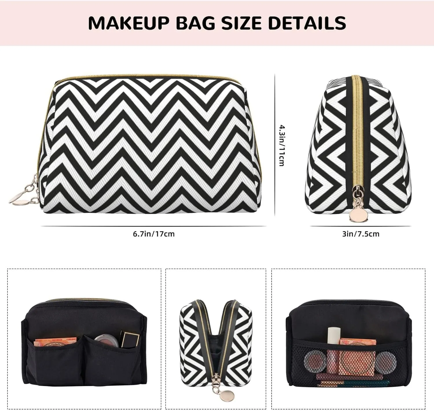 Zigzag Stripe Toiletry Pouch, Travel-Friendly Makeup Organizer For Makeup Brushes, Lipsticks