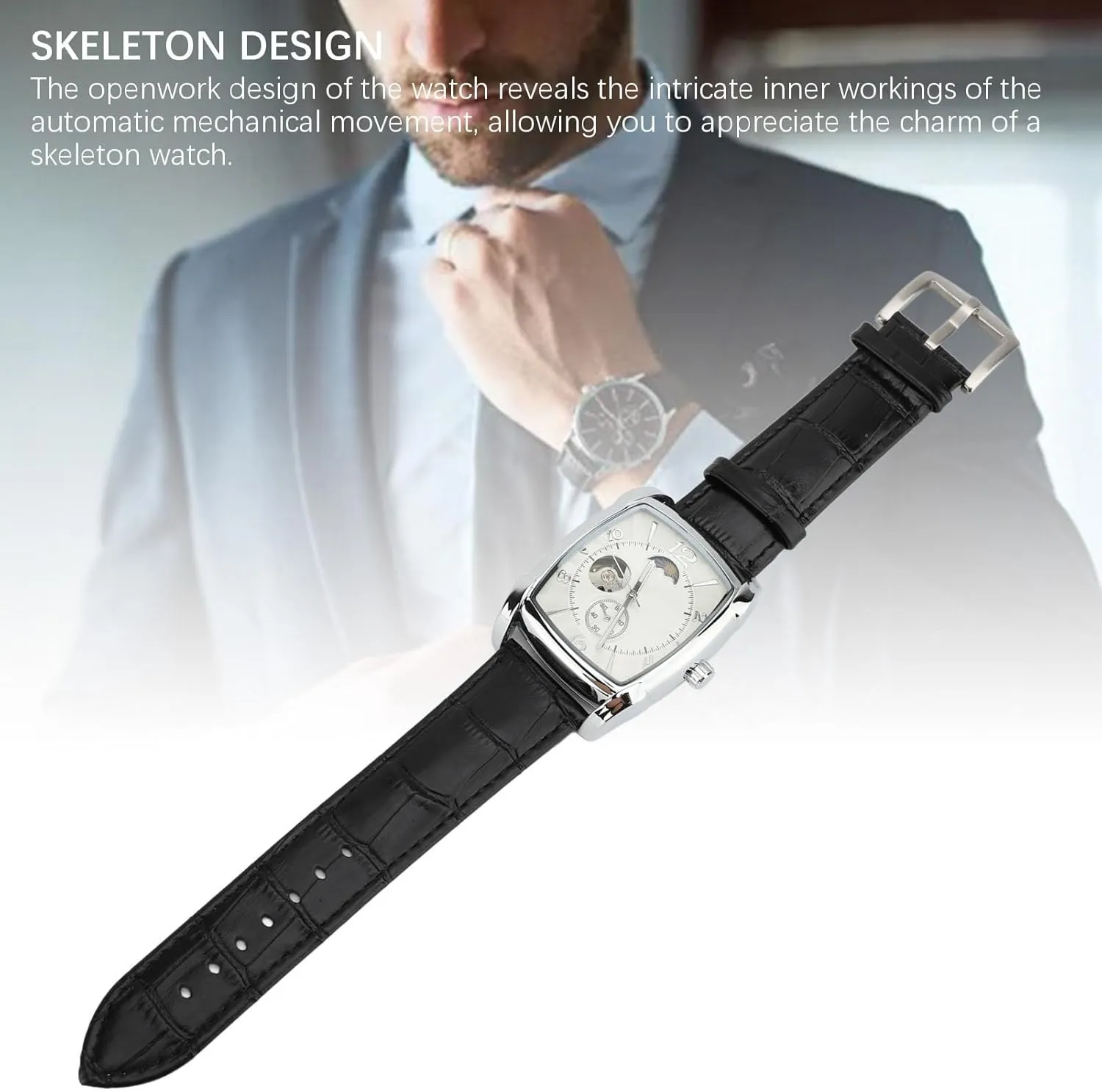 ZJchao Luxury Skeleton Mechanical Moon Phase Chronograph Watch Self Winding Water Resistant PU Leather Strap