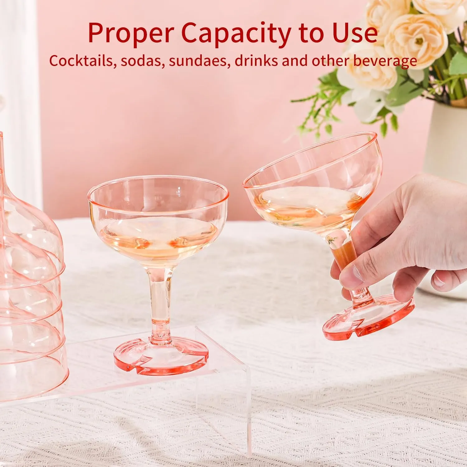 ZOMUIA 50 Pack Acrylic Champagne Coupe Glasses Plastic Champagne Tower for Party Wedding Martini Cocktail Glasses Reusable Cocktail Cups for Wedding Birthday Party Anniversary, 5oz (Pink)