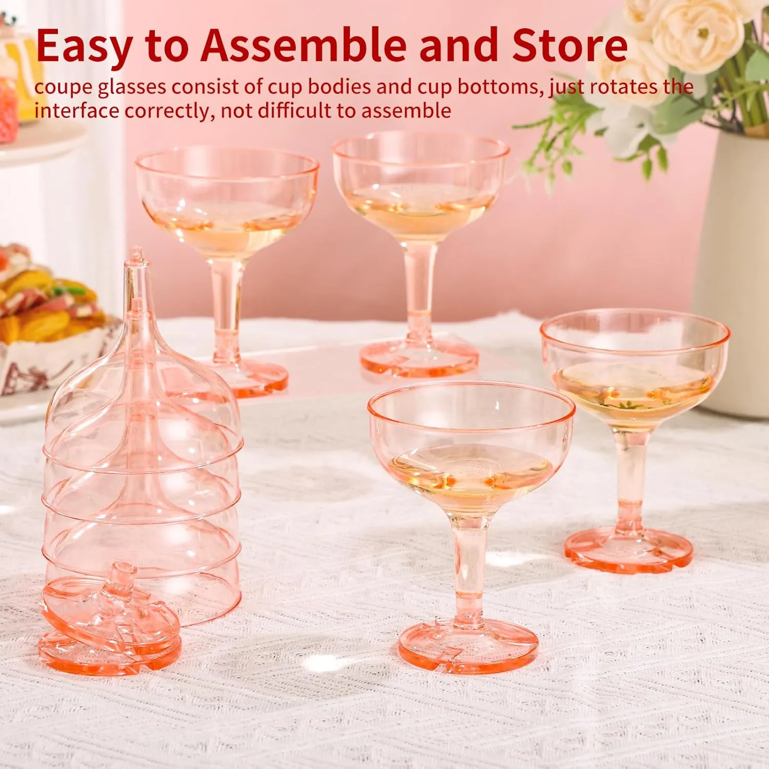 ZOMUIA 50 Pack Acrylic Champagne Coupe Glasses Plastic Champagne Tower for Party Wedding Martini Cocktail Glasses Reusable Cocktail Cups for Wedding Birthday Party Anniversary, 5oz (Pink)