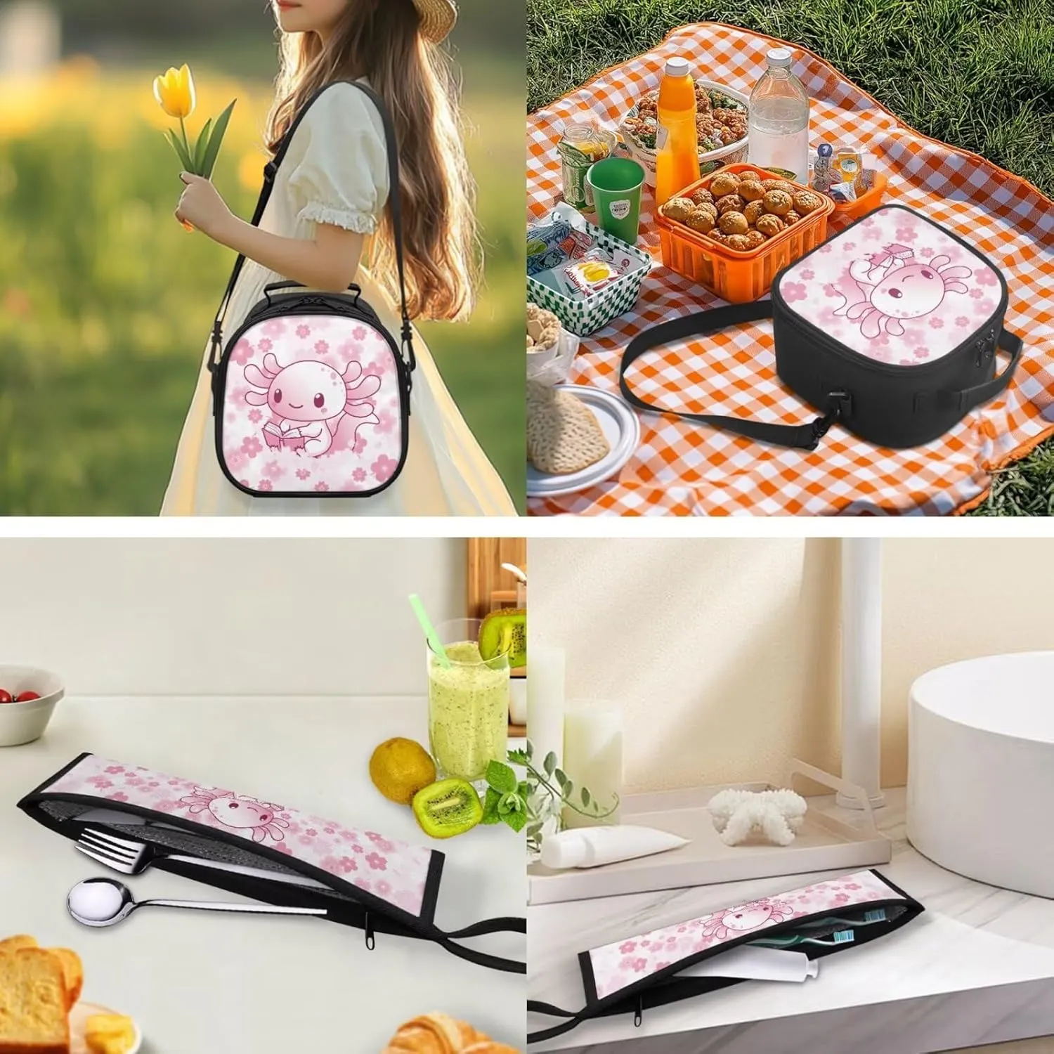 ZOUTAIRONG Cute Lunch Bag for Girls Girls with Shoulder Strap Tableware Carrying Bag for Straw Spoon Fork Chopsticks, Pink Axolotl Design