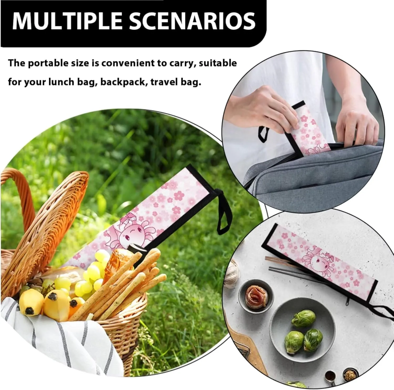 ZOUTAIRONG Cute Lunch Bag for Girls Girls with Shoulder Strap Tableware Carrying Bag for Straw Spoon Fork Chopsticks, Pink Axolotl Design