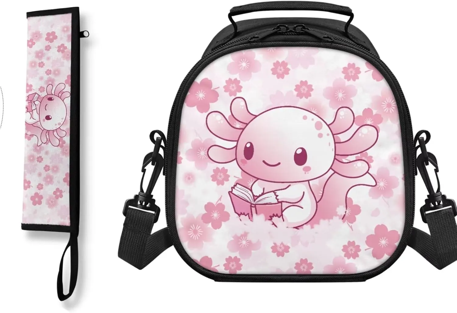 ZOUTAIRONG Cute Lunch Bag for Girls Girls with Shoulder Strap Tableware Carrying Bag for Straw Spoon Fork Chopsticks, Pink Axolotl Design