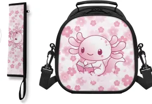 ZOUTAIRONG Cute Lunch Bag for Girls Girls with Shoulder Strap Tableware Carrying Bag for Straw Spoon Fork Chopsticks, Pink Axolotl Design