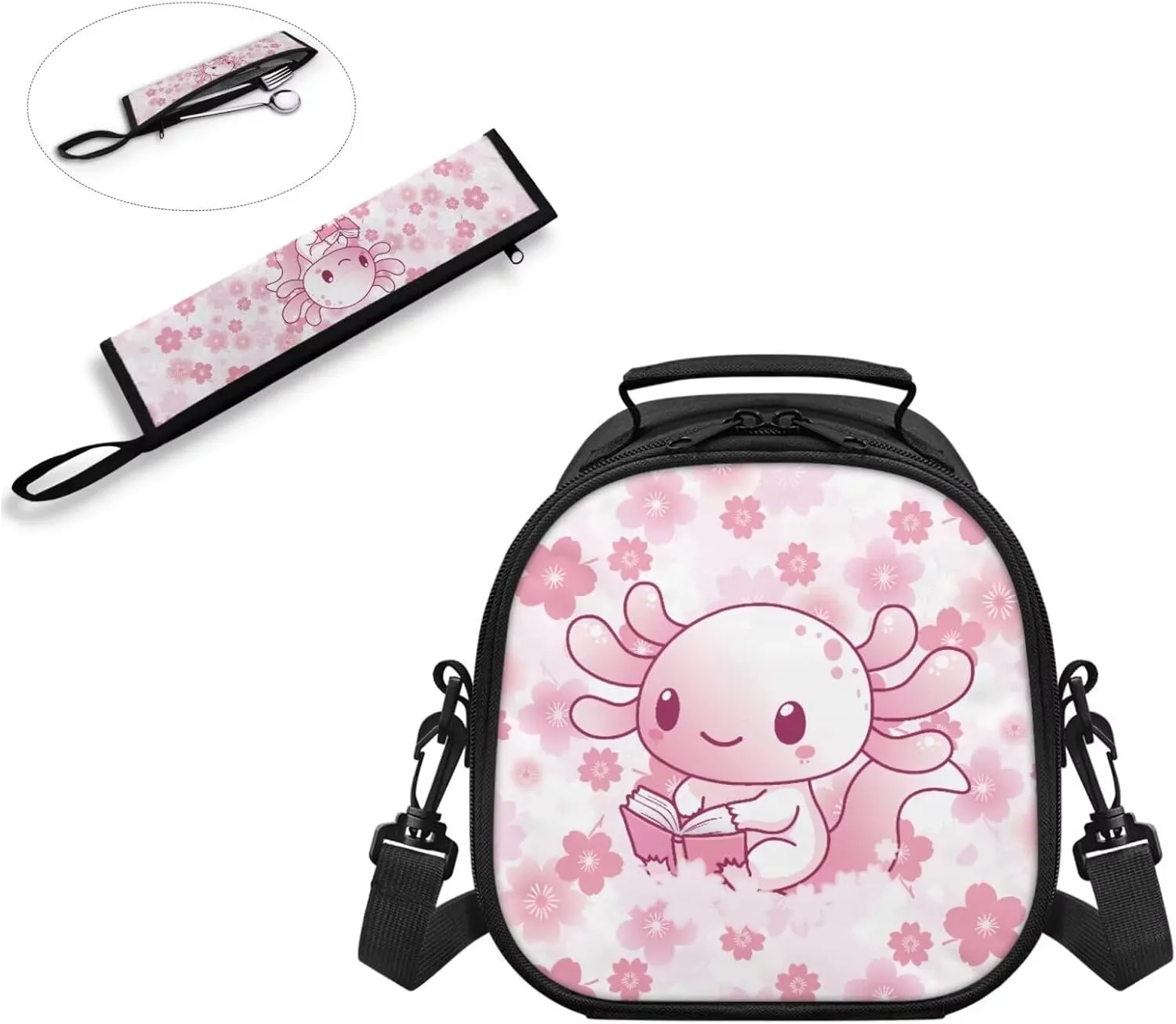 ZOUTAIRONG Cute Lunch Bag for Girls Girls with Shoulder Strap Tableware Carrying Bag for Straw Spoon Fork Chopsticks, Pink Axolotl Design