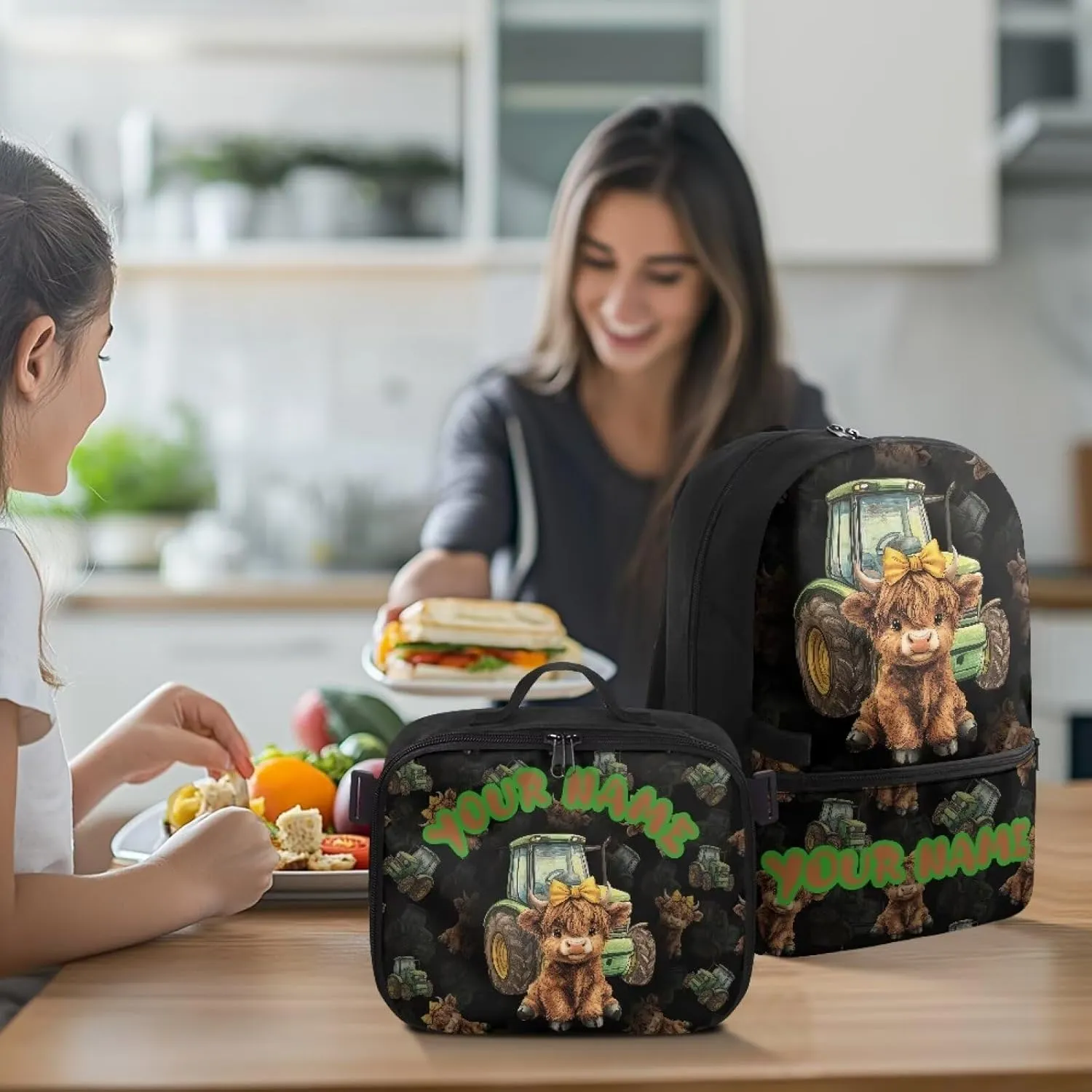ZOUTAIRONG Tractor Highland Cow Print School Bags for Boys 7-10/10-12/12-16, Kids Backpacks Large Capacity School Bag with Removable Dining Bag