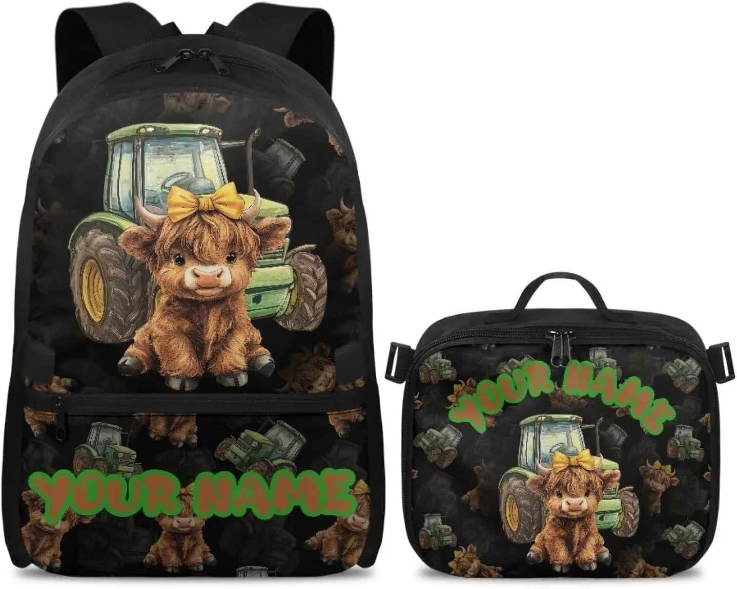 ZOUTAIRONG Tractor Highland Cow Print School Bags for Boys 7-10/10-12/12-16, Kids Backpacks Large Capacity School Bag with Removable Dining Bag