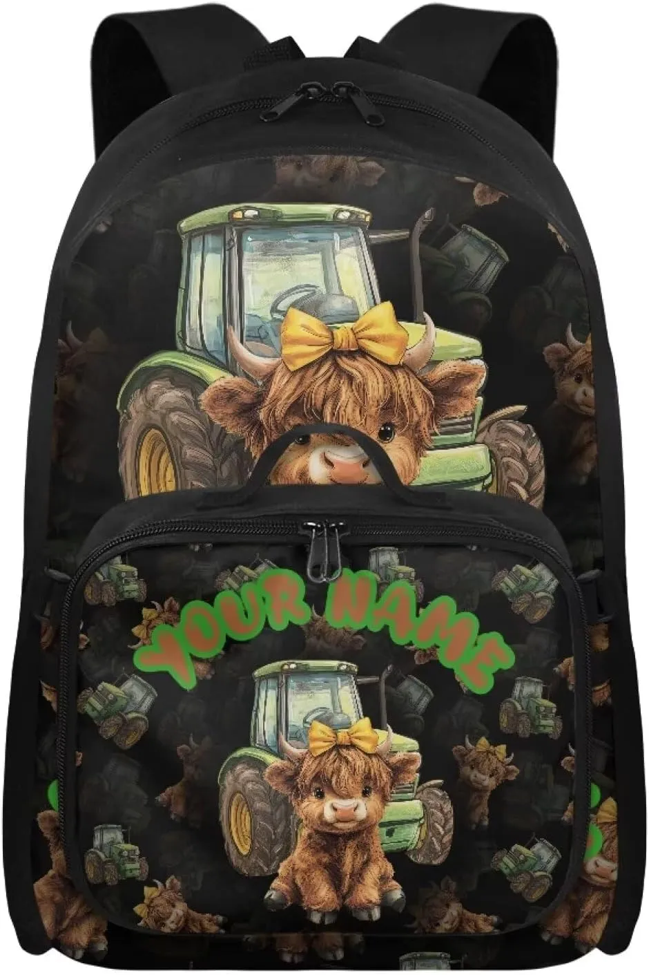 ZOUTAIRONG Tractor Highland Cow Print School Bags for Boys 7-10/10-12/12-16, Kids Backpacks Large Capacity School Bag with Removable Dining Bag