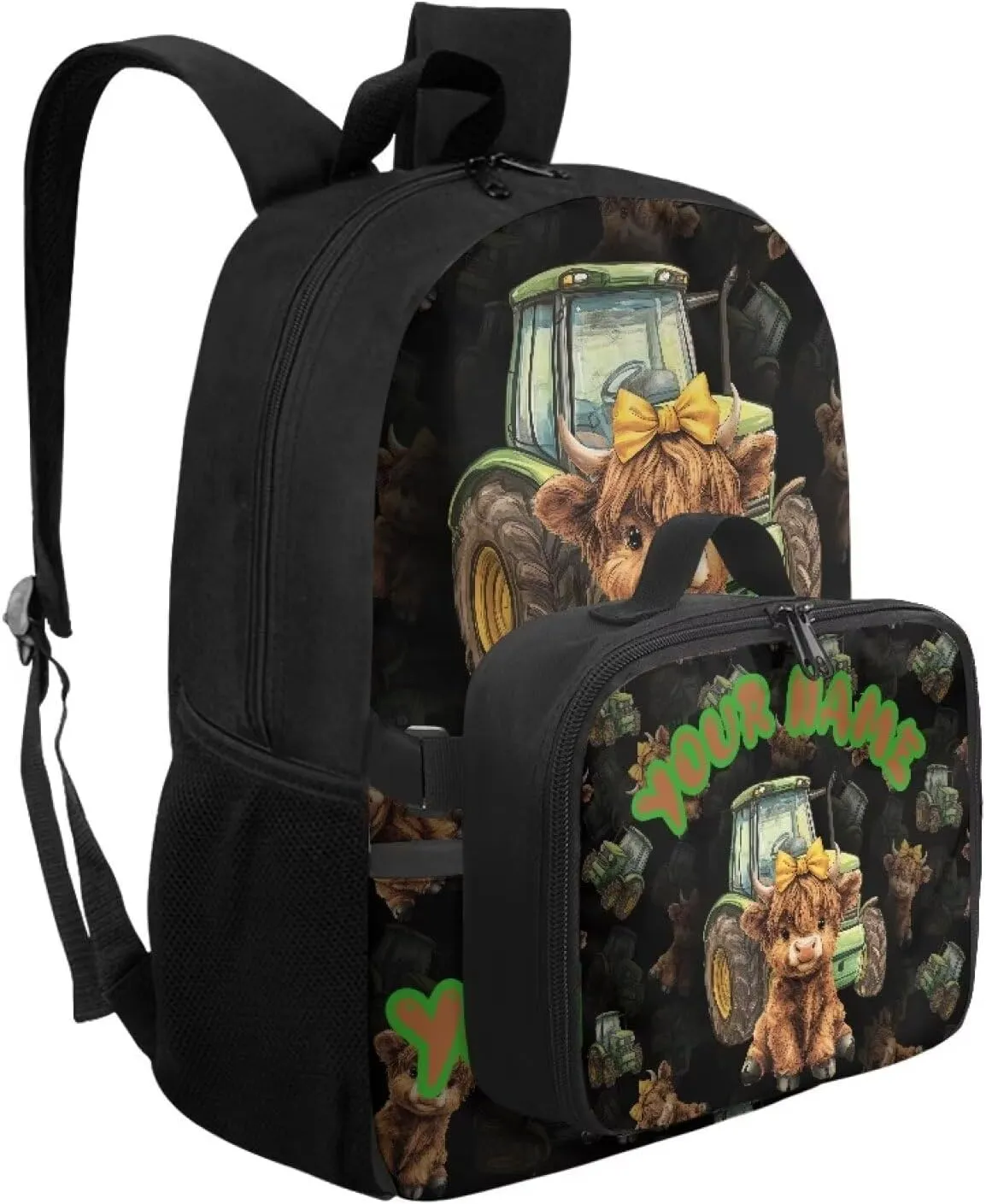 ZOUTAIRONG Tractor Highland Cow Print School Bags for Boys 7-10/10-12/12-16, Kids Backpacks Large Capacity School Bag with Removable Dining Bag