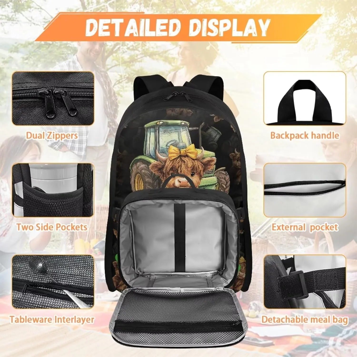 ZOUTAIRONG Tractor Highland Cow Print School Bags for Boys 7-10/10-12/12-16, Kids Backpacks Large Capacity School Bag with Removable Dining Bag