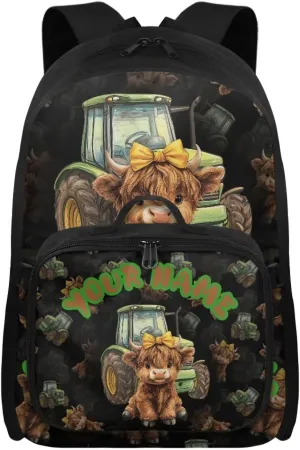 ZOUTAIRONG Tractor Highland Cow Print School Bags for Boys 7-10/10-12/12-16, Kids Backpacks Large Capacity School Bag with Removable Dining Bag