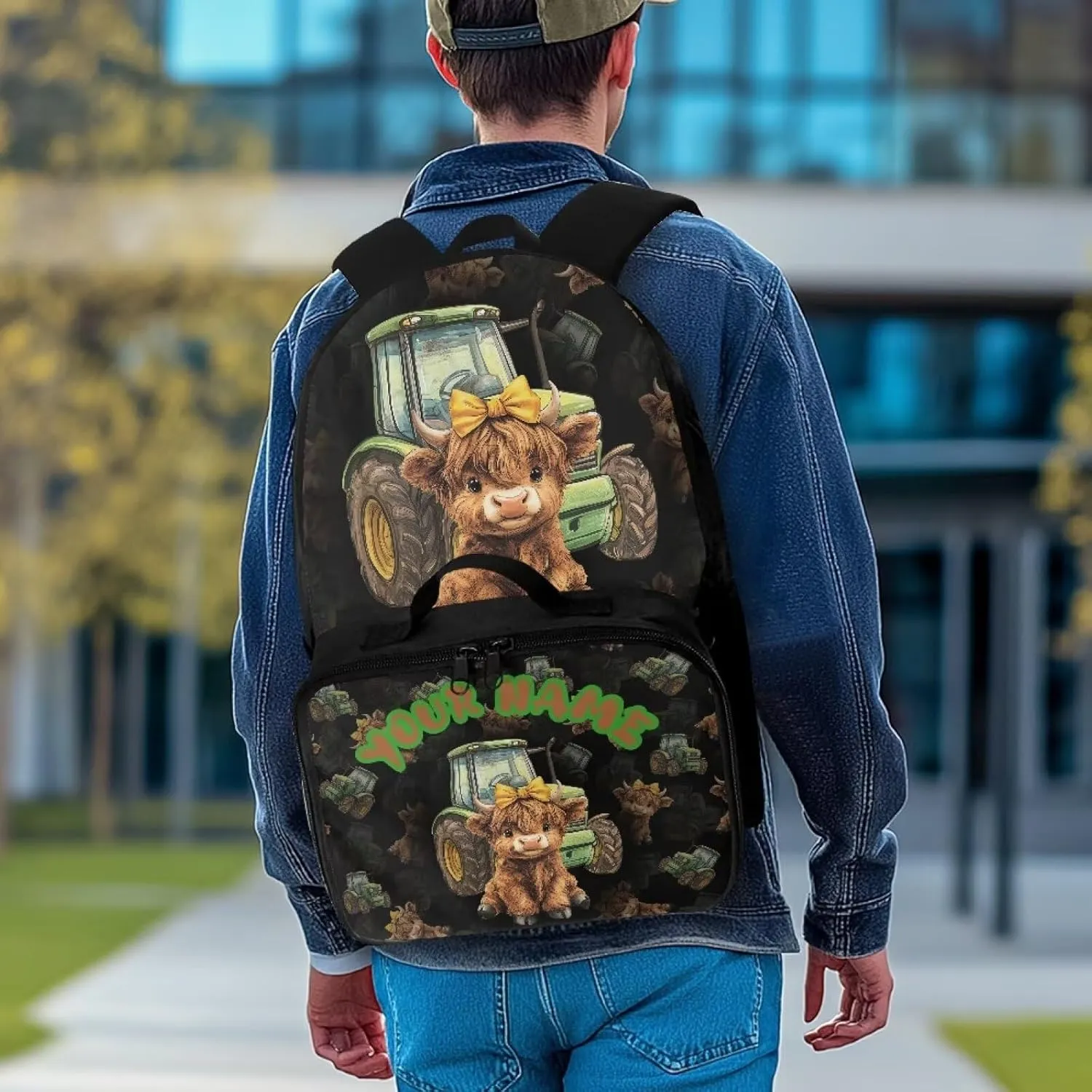 ZOUTAIRONG Tractor Highland Cow Print School Bags for Boys 7-10/10-12/12-16, Kids Backpacks Large Capacity School Bag with Removable Dining Bag